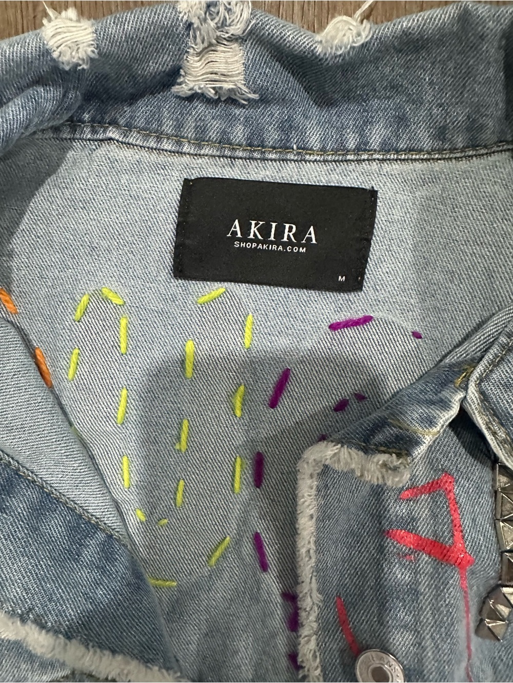 AKIRA Light Wash Denim Jacket with Multicolor Embroidery & Studs - Picture 5 of 7